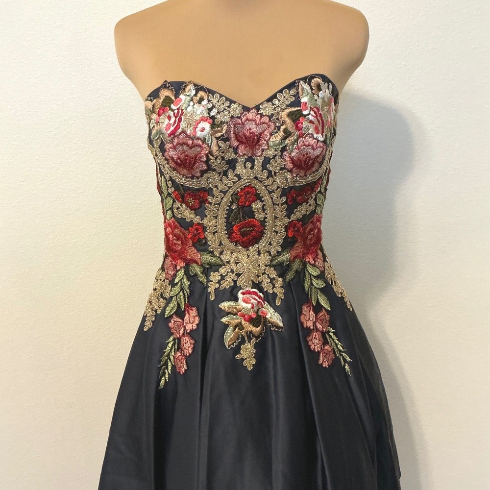 Blondie Nites Navy Strapless Embroidered Satin Dress Corset Back Short - Picture 8 of 16